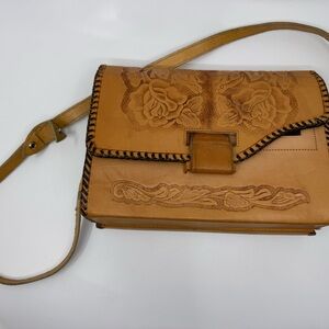 Vintage Pymsa Leather Cowhide Hand Tooled Purse Mexico Embossed Floral